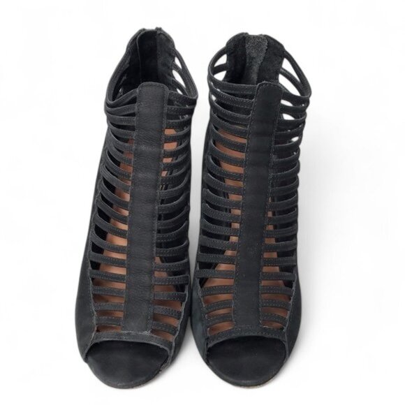 Rebecca Minkoff Sydney Wedge Heels Women's Cage Cutout Black Suede Gladiator 9M - Picture 3 of 11